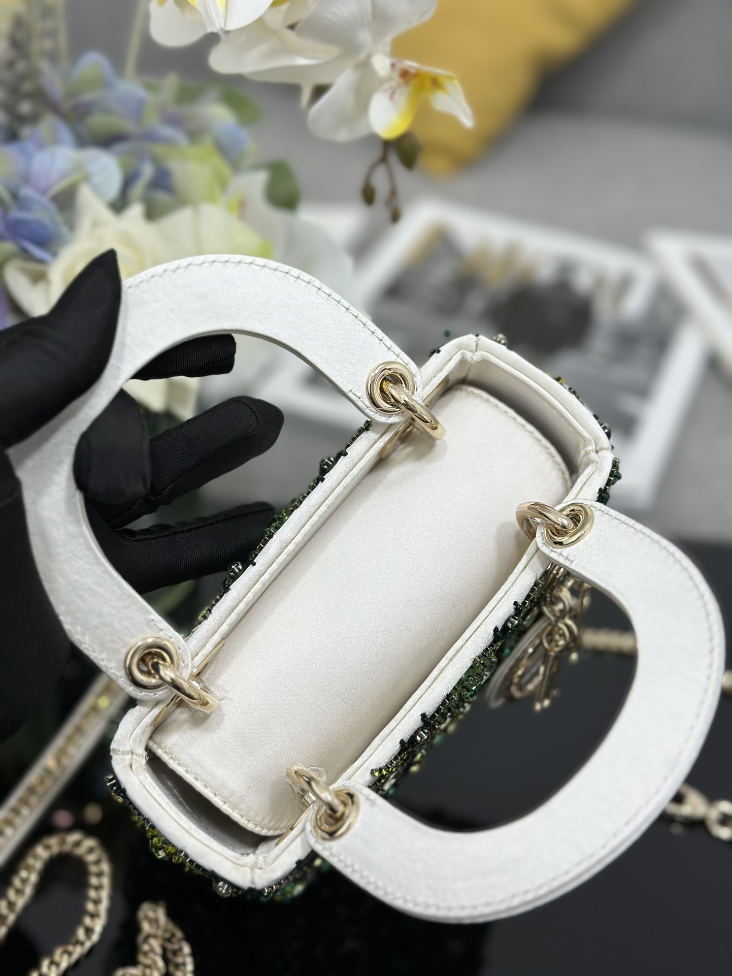 Mini Lady Dior Bag White Satin Embroidered with White Green Diamond